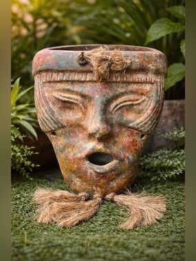 Vintage Terracotta Tribal Wall Mask – Handcrafted Multicolor Rustic Clay Art